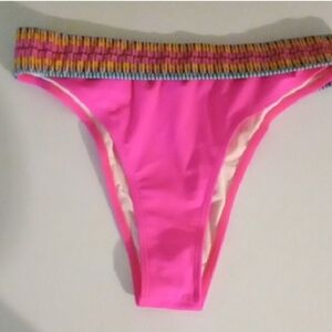Pink Bikini Bottom with Multicolor Waistband